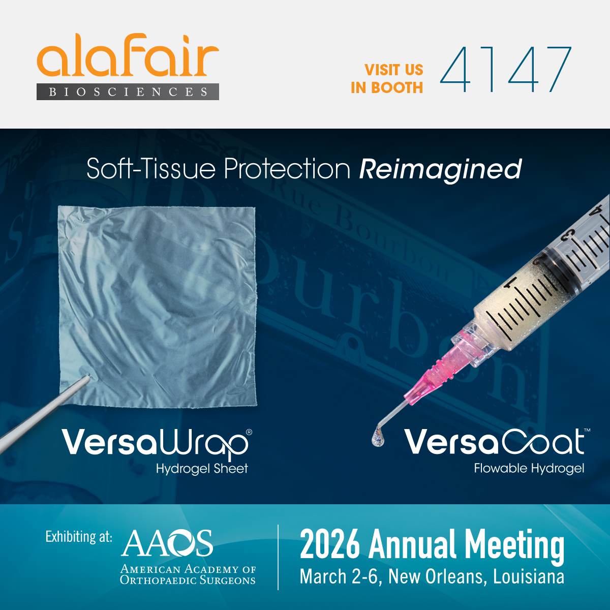 AlafairBio's tweet photo. Heading to #NewOrleans for the upcoming 2026 American Academy of Orthopaedic Surgeons Annual Meeting? Please visit us at Booth #4147 to experience how #VersaWrap and #VersaCoat are revolutionizing protection for nerves and tendons.
@AlafairBio 

#AAOS2026 #VersaCoat #VersaWrap #orthopaedic #plastics #nerverepair #tendonrepair #medicaldevice #medtech #healthcare #innovation #surgery #hyaluronicacid