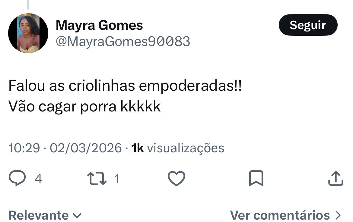 agswyl's tweet photo. @MayraGomes90083 @hemyamorim vc usa a pauta de racismo quando lhe convém, né? mas tudo bem, não podemos esperar muita coisa de pessoas que vem do submundo da classe C da sociedade. Quer uma dica? antes de falar do cabelo de alguém, corta essas pontas duplas e coloca um mega nesse cabelo ralo. https://t.co/KvmQRvDyZe