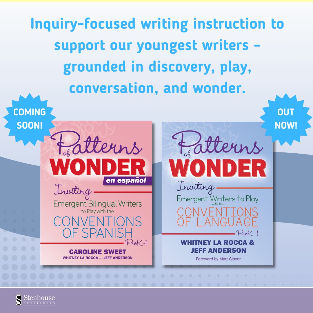 stenhousepub's tweet photo. Young writers thrive in classrooms filled with 🔍 conversation, inquiry, play, and wonder. ✨ And now there are resources to support young children in both Spanish and English!
✅ Patterns of Wonder is available now.
🚚 Patterns of Wonder en español is available for pre-order! https://t.co/tVrbuSqlBl