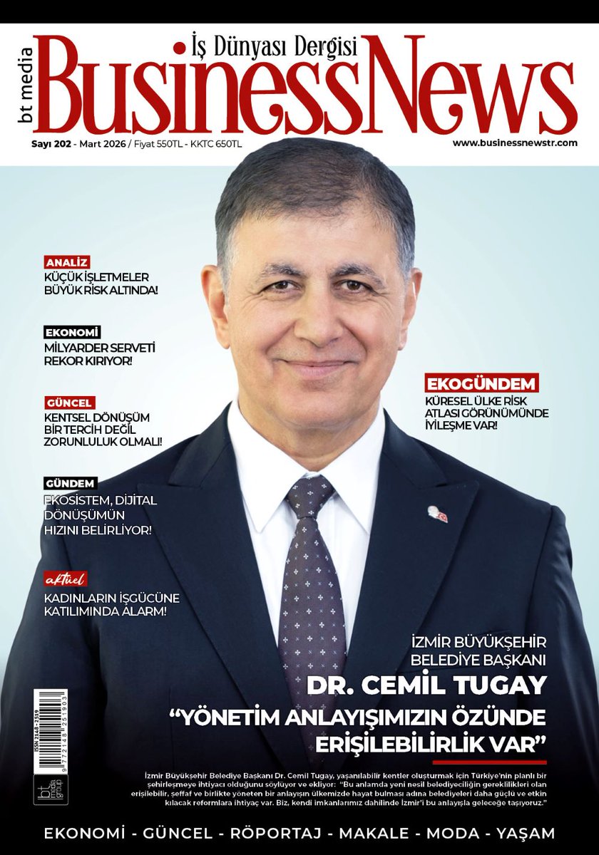 DERGİMİZİN MART 2026 SAYISI HAYIRLI OLSUN! 
Dijital edisyonlarımız; turktelekom.com.tr / magzter.com / dmags.net / pressreader.com platformlarında!
Keyifli okumalar dileriz... 
businessnewstr.com

<a href="/drcemiltugay/">Dr. Cemil Tugay</a> <a href="/izmirbld/">İzmir Büyükşehir Belediyesi</a>