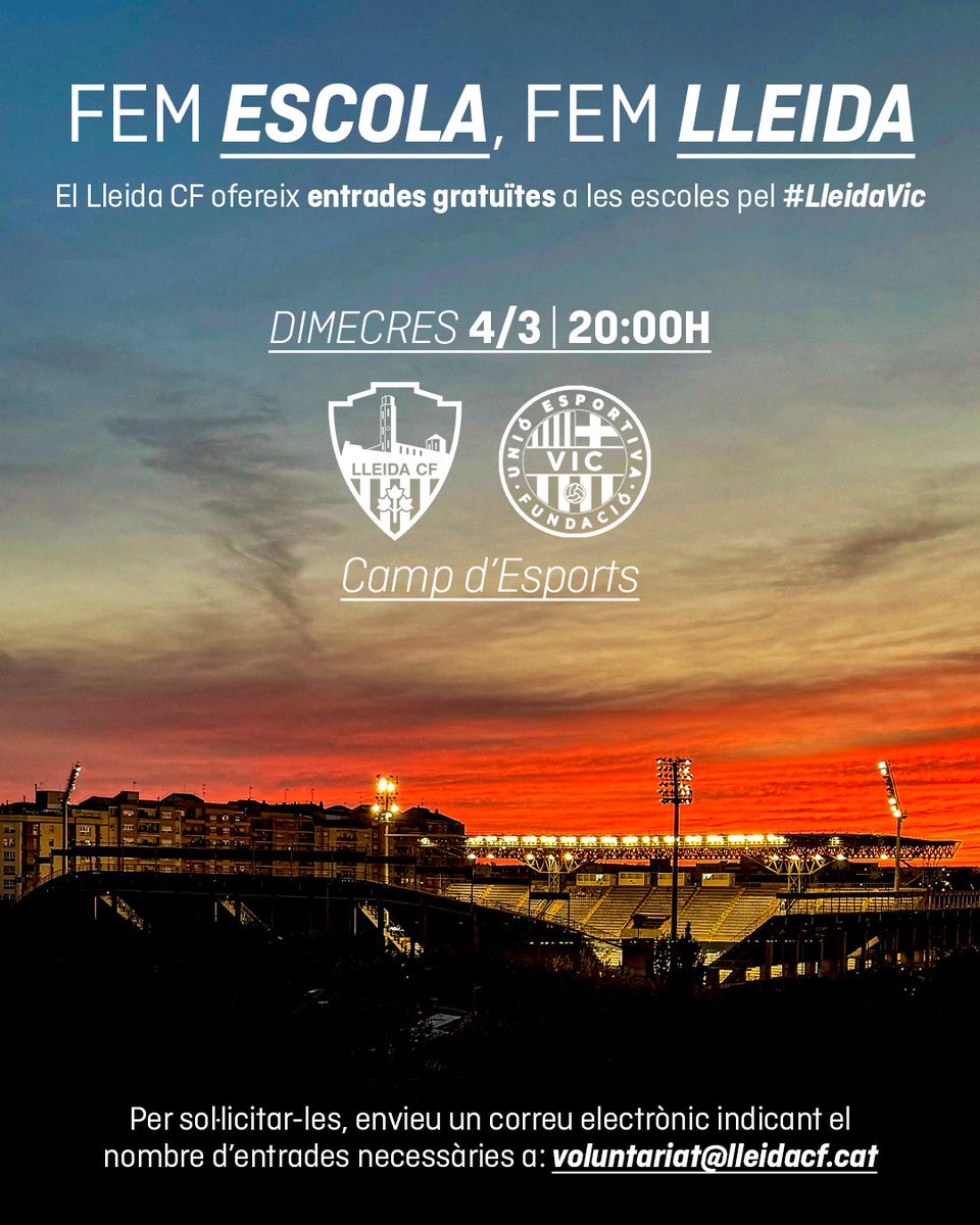 El Lleida CF ofereix entrades gratuïtes per al partit d’aquest dimecres a les 20.00 h contra la UE Vic. 🎟💙

📲 Per sol·licitar-les, les escoles heu d'enviar un correu electrònic indicant el nombre d’entrades necessàries a:
 voluntariat@lleidacf.cat

FEM ESCOLA, FEM LLEIDA 💪🏻💙
