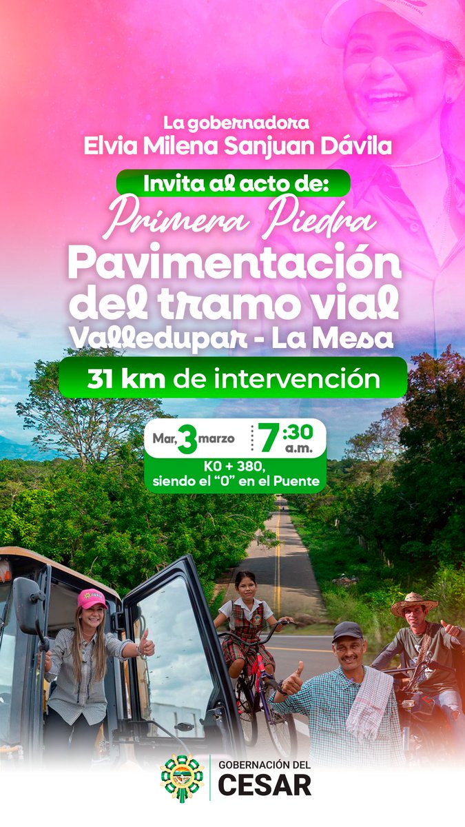¡Infraestructural vial para la zona rural de Valledupar!

📍La gobernadora <a href="/elviamilenasd/">Elvia Milena Sanjuan D</a> pondrá la primera piedra de los 31 kilómetros que conectan a Valledupar con La Mesa y varias veredas. 

🚧Esto es seguir conectando Lo Urbano con lo Rural.