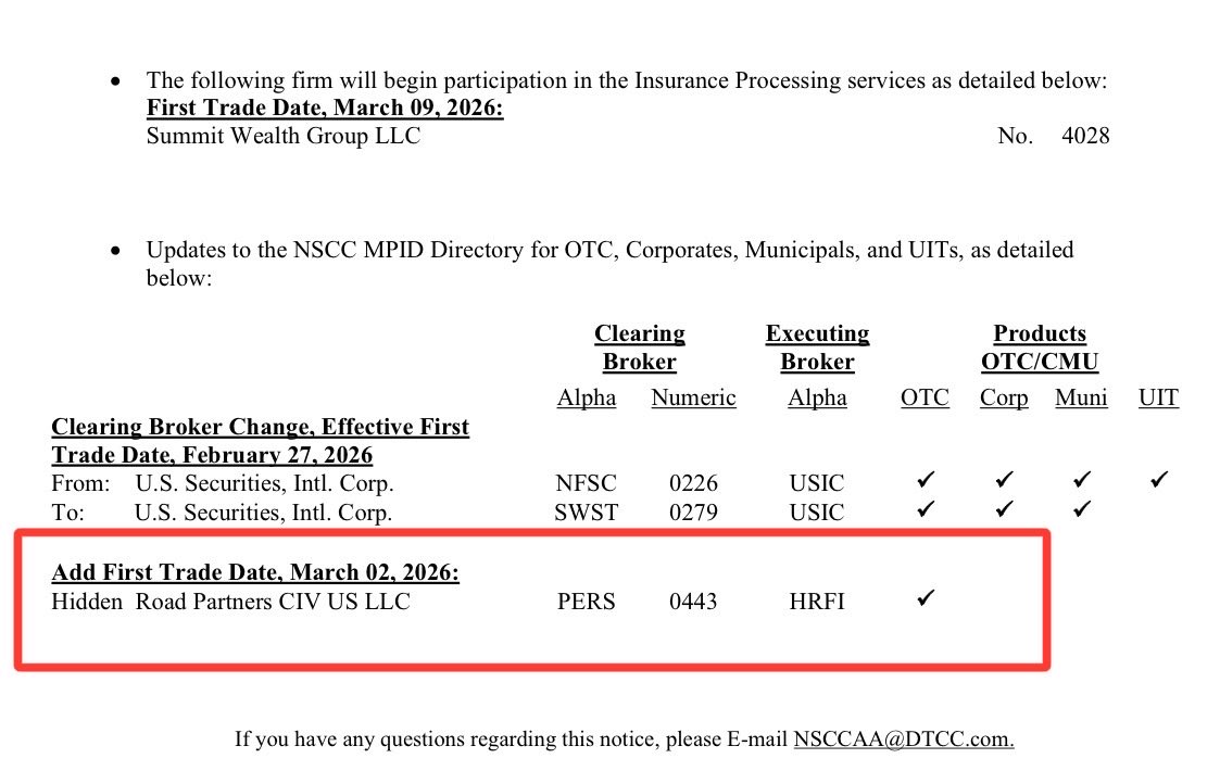 _Crypto_Barbie's tweet photo. 🚨 BREAKING NEWS:

LATEST DTCC NOTICE INDICATES THAT HIDDEN ROAD (RIPPLE PRIME) WILL OFFICIALLY BE LISTED ON THE NSCC DIRECTORY STARTING TODAY ON MARCH 2, 2026! 🙌🏼 

https://t.co/YRKkKDOyi5 https://t.co/rIm6na3cgp