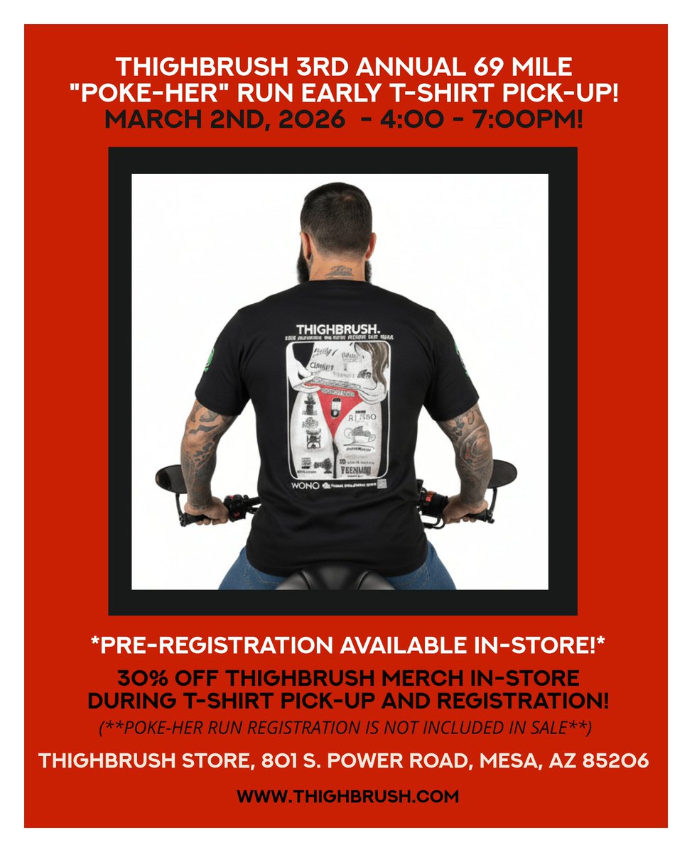 We are Less than One Week Away from the Poker Run and have OVER 100 PRE-REGISTRATIONS so far and Anticipate More Sign-ups the Day of the Event.

To Alleviate the Chaos on Saturday, we are Offering an Early Pick-up for Your T-Shirts/Swag Bags/Wristbands TONIGHT at the THIGHBRUSH