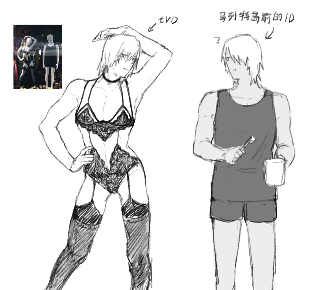 Re_encoding's tweet photo. #dmcVD #dmcvd #VD 原图是之前有段时间的meme，总之经历了马列特岛事件和在魔界兜过圈子的07tv但丁和去解决马列特岛事件前的一代但丁（顺带我个人对鬼泣的剧情发展理解是3、1、2、07tv、4、5）。可怜的但丁从失去了哥哥决心变得纯良的晒黑小伙，变成了认为彻底失去了哥哥（丈夫）的伤心俏寡妇（？） https://t.co/dJXLmZiT0M