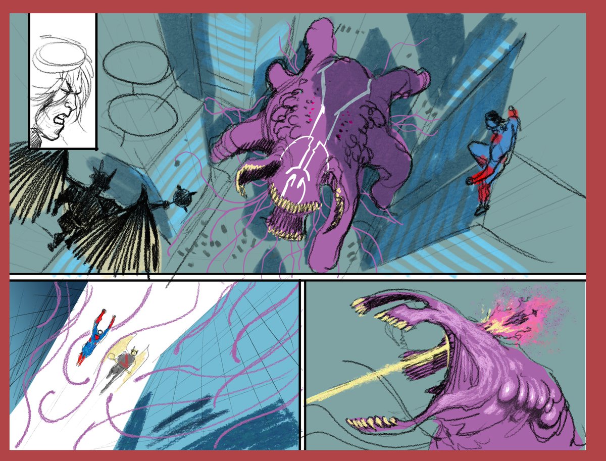 juaneferreyra's tweet photo. Absolute Superman#17 comes out this Wednesday! here is the page process for pages 4-5, layouts, pencils, inks and watercolors and then digital colors! https://t.co/NdPqX3nfJt