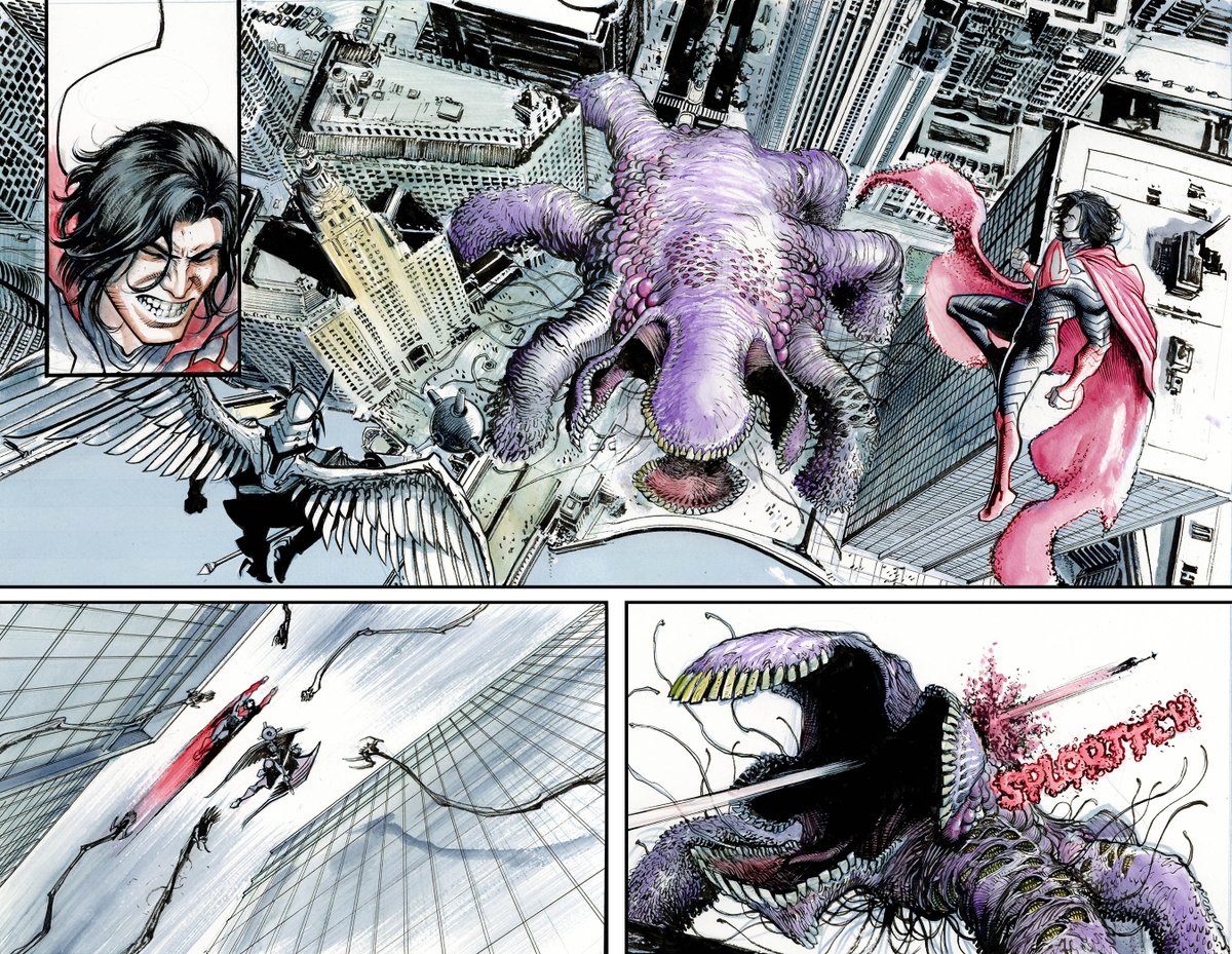 juaneferreyra's tweet photo. Absolute Superman#17 comes out this Wednesday! here is the page process for pages 4-5, layouts, pencils, inks and watercolors and then digital colors! https://t.co/NdPqX3nfJt