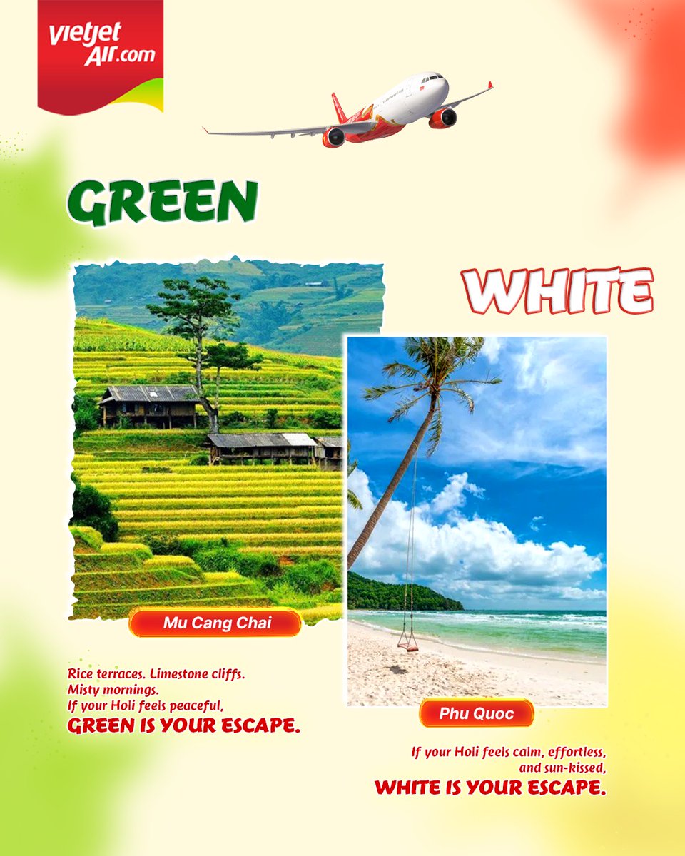 VietjetIndia's tweet photo. ๐ HOLI CONTEST ALERT ๐
This Holi, your colour could take you to Vietnam
๐ด Ho Chi Minh City & Da Nang
๐ก Ha Noi, Hue & Hoi An
๐ข Ninh Binh & Mรน Cang Chแบฃi
โช๏ธ Phu Quoc & Nha Trang
2 lucky winners win exciting prizes ๐
https://t.co/Q8lsKI0wYo
*T&C Apply
#Vietjet #EnjoyFlying https://t.co/ysjUmC0RHJ