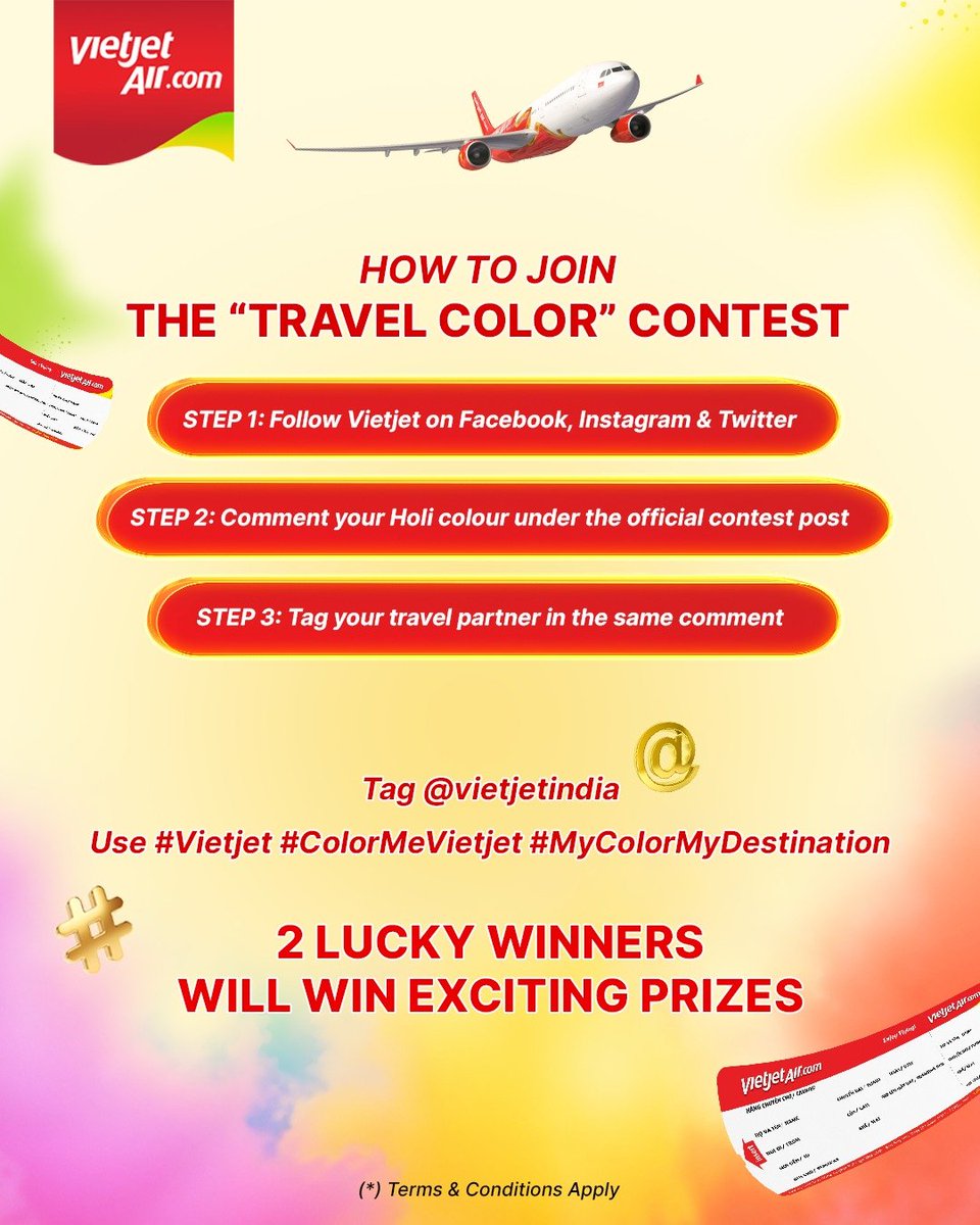 VietjetIndia's tweet photo. ๐ HOLI CONTEST ALERT ๐
This Holi, your colour could take you to Vietnam
๐ด Ho Chi Minh City & Da Nang
๐ก Ha Noi, Hue & Hoi An
๐ข Ninh Binh & Mรน Cang Chแบฃi
โช๏ธ Phu Quoc & Nha Trang
2 lucky winners win exciting prizes ๐
https://t.co/Q8lsKI0wYo
*T&C Apply
#Vietjet #EnjoyFlying https://t.co/ysjUmC0RHJ