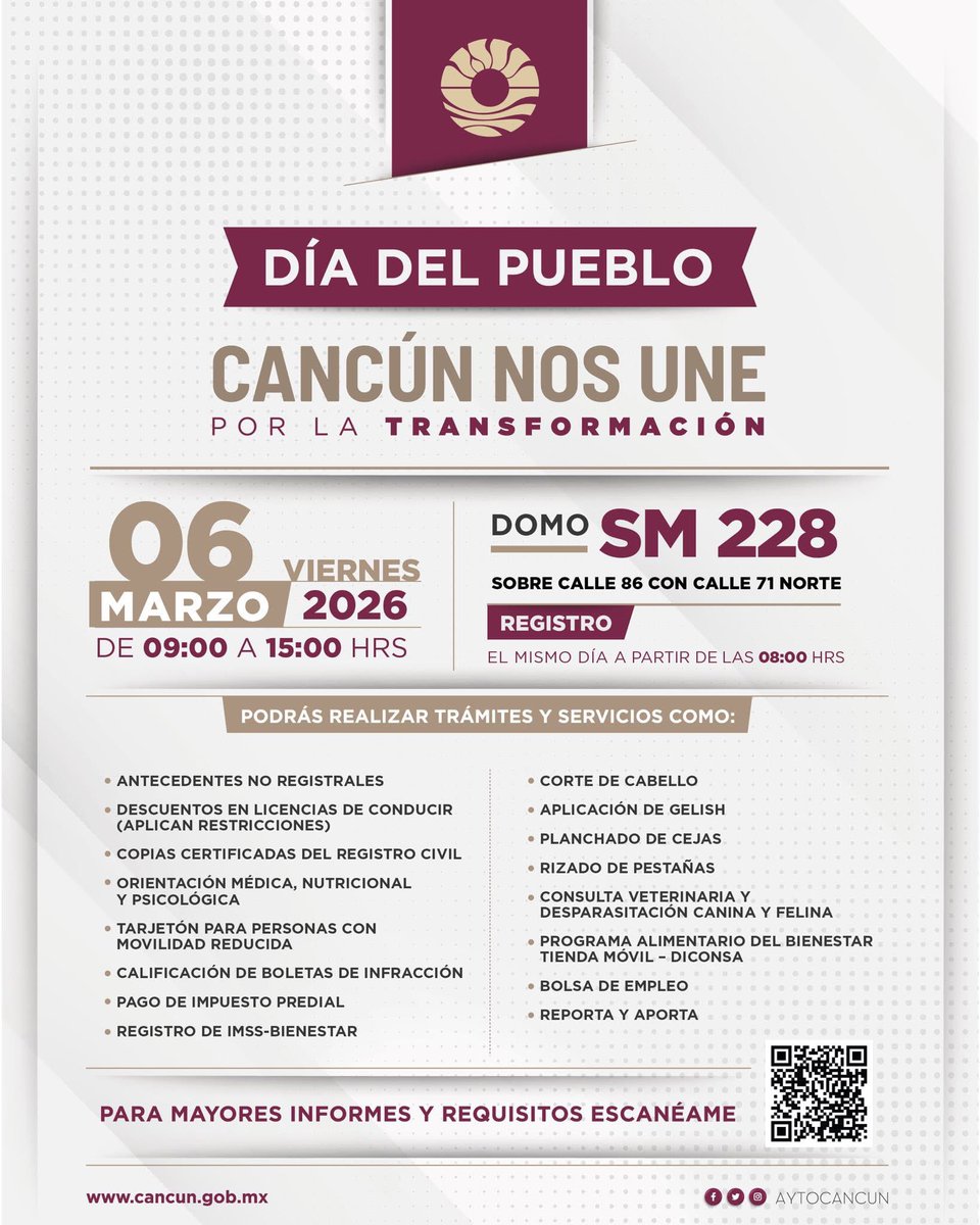Cancunenses, les esperamos este viernes 6 de marzo en nuestra Jornada de #DíaDelPueblo en el Domo de la SM 228.

Estaremos hasta las 3 pm con más de 100 trámites y servicios de dependencias municipales, estatales y federales.

📍: maps.app.goo.gl/nLFNmRLQVZ8PGd…

¡No falten! 🙌