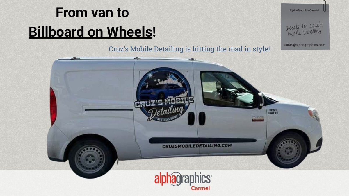 AGCarmel's tweet photo. Your van is your best salesperson — dress it like one! 🚐💥 Just finished custom decals for 𝐂𝐫𝐮𝐳'𝐬 𝐌𝐨𝐛𝐢𝐥𝐞 𝐃𝐞𝐭𝐚𝐢𝐥𝐢𝐧𝐠 and this ride is turning heads. DM us to put YOUR brand in motion! #AlphaGraphicsCarmel #VehicleGraphics #CustomDecals https://t.co/SnZbq10uo6