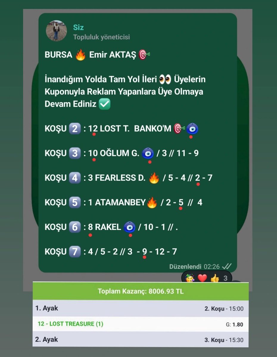 eemiiraktaass's tweet photo. Ayda 30 Gün Biz de Rahat 15 Gün Altılı 🎯

Açıktan Paylaştığım İsimlerin Açılış Sabit Oranları ;

LOST TREASURE 💨 2.40
OĞLUM GÜROL 💨 3.80
REYNA 💨 3.80

İkramiye Tutarı ; 8000 TL

Aramıza katılıp kazanmak isterseniz;
0501 - 274 - 77 - 92 📞
@MrttGuler https://t.co/HYKfLVcq22