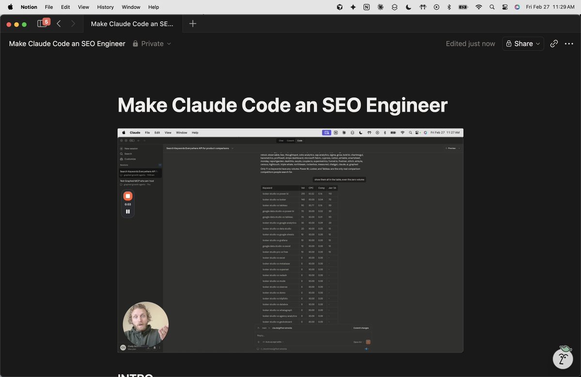 I was so tired of doing SEO research manually

so I just made Claude Code a Senior SEO Engineer by giving it access to my Keyword Everywhere API key and my Data For SEO API key

it just researched all the keywords related to my product like 

X vs Y

X alternative 

X review