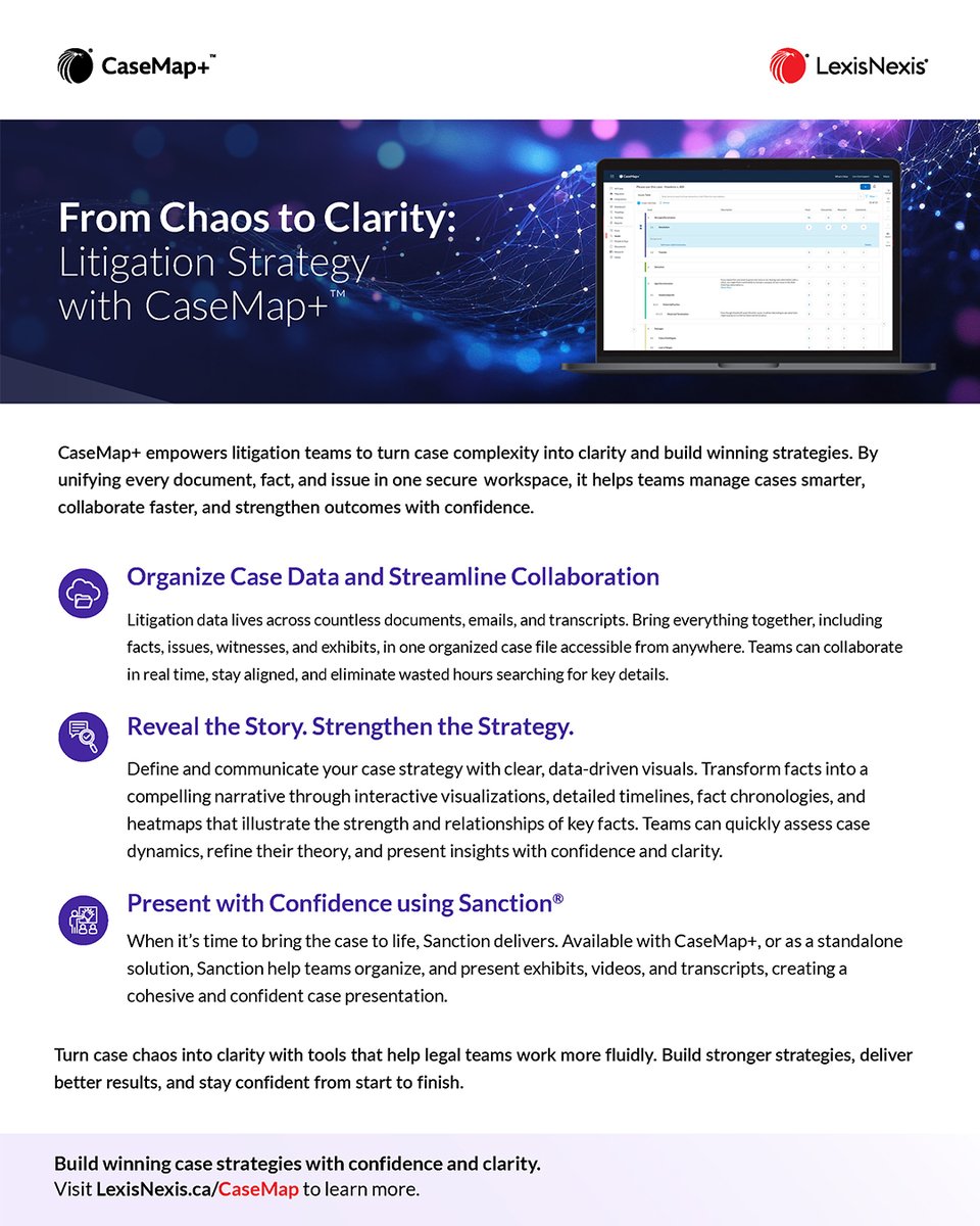 LexisNexisCan's tweet image. 𝐂𝐚𝐬𝐞𝐌𝐚𝐩+™ helps litigation teams transform facts into strategy bringing clarity, structure, and confidence to every stage of a case.

See how CaseMap+™ supports litigation strategy: bit.ly/4keOY7G

#LitigationStrategy #LitigationSupport #CaseMapPlus