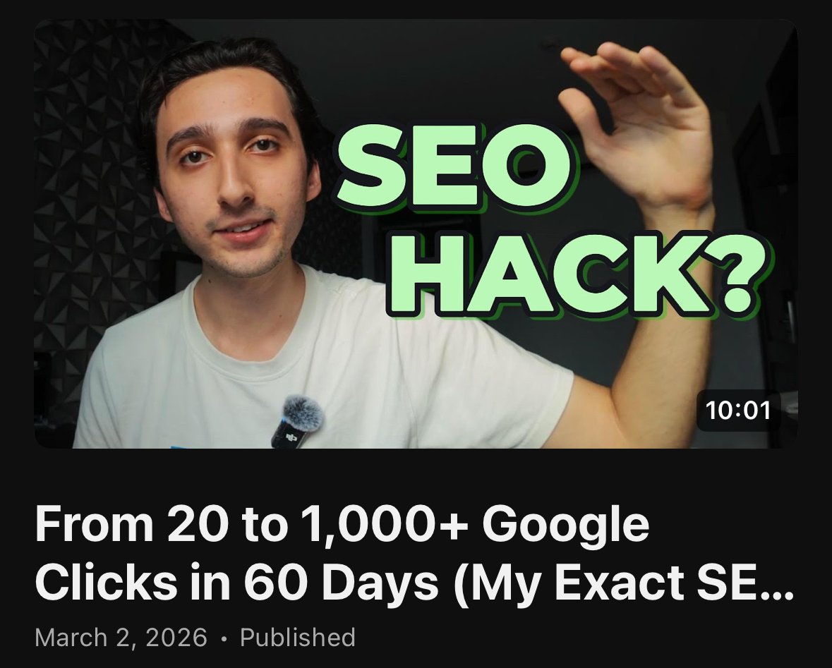 I just shared my full SEO strategy on YouTube 🙌

It made me go from 20 to 1000+ clicks on Google in 60 days 📈

I spent 6+ months to learn all these.

You can watch it in 10 mins 👇