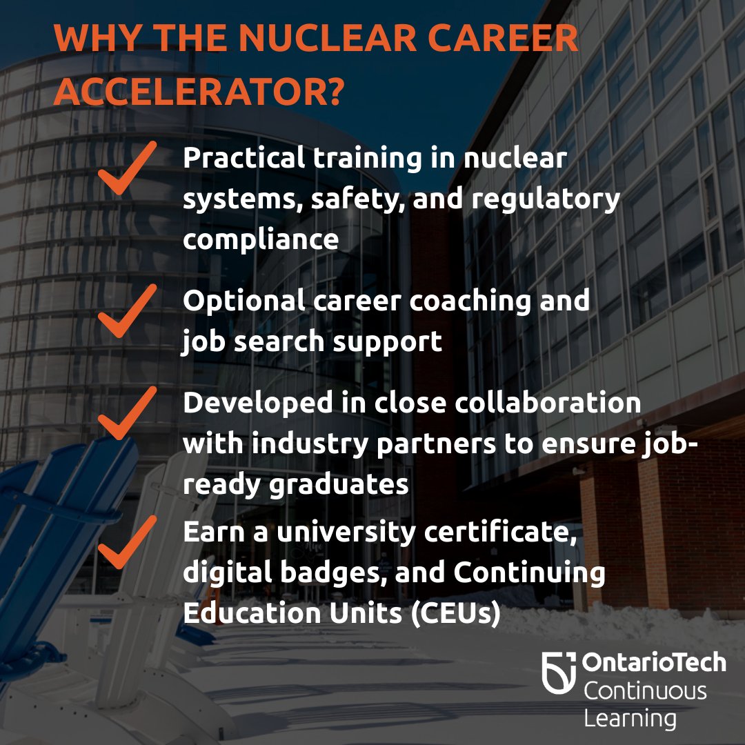 Launch or transition into Canada’s nuclear sector ☢️
Ontario Tech’s Nuclear Career Accelerator is an 11-week online, industry-aligned program with optional career support &amp; is OSAP eligible for micro-credentials.
Register by May 20
vist.ly/4tenp

#Nuclear #OntarioTechU