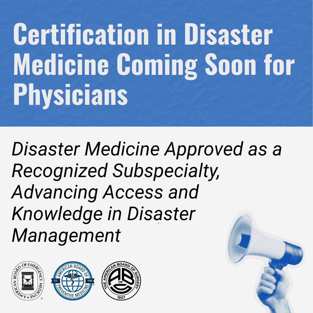 The American Board of Medical Specialties has approved subspecialty certification in Disaster Medicine. 🩺 Learn more: bit.ly/4r6yjFh #ABEMProud #DisasterMed

<a href="/AmBdSurg/">American Board of Surgery</a> <a href="/EmergencyDocs/">Emergency Physicians</a> <a href="/SAEMonline/">SAEM</a> @AAEMInfo <a href="/ABMSCert/">ABMS</a>