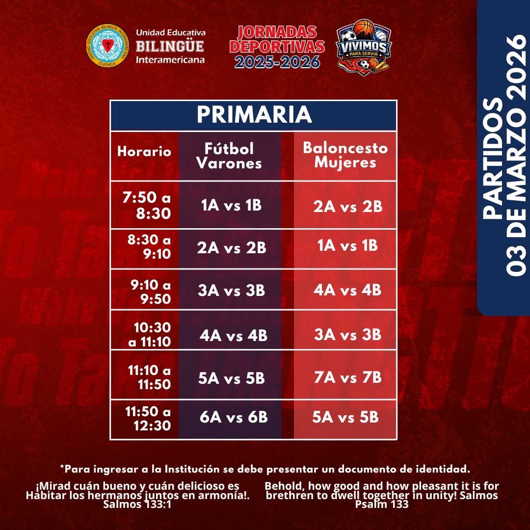 uebicuenca's tweet photo. 📣Jornadas Deportivas "Vivimos para Servir" Juan 13:15
🕔🗓️Horarios de Partidos🏀⚽
       03 de marzo de 2026 

Prosigo a la meta, al premio del supremo llamamiento de Dios en Cristo Jesús. Filipenses 3:14✝️ https://t.co/WfdT0zgkpJ