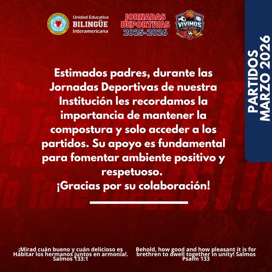 uebicuenca's tweet photo. 📣Jornadas Deportivas "Vivimos para Servir" Juan 13:15
🕔🗓️Horarios de Partidos🏀⚽
       03 de marzo de 2026 

Prosigo a la meta, al premio del supremo llamamiento de Dios en Cristo Jesús. Filipenses 3:14✝️ https://t.co/WfdT0zgkpJ