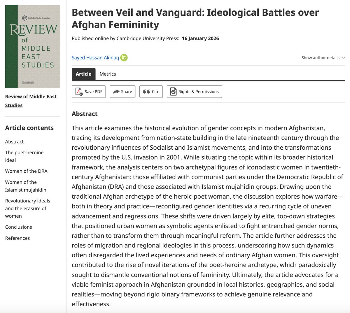RevoMES's tweet photo. Issue 59.2: "Between Veil and Vanguard: Ideological Battles over Afghan Femininity" by Sayed Hassan Akhlaq examines the evolution of gender concepts in modern Afghanistan https://t.co/nvPnftibNh