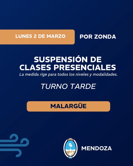 radiomitremza's tweet image. #Atención Por zonda se suspenden las clases en #Malargüe para turno tarde, en todos los niveles y modalidades. #HoyPorHoy