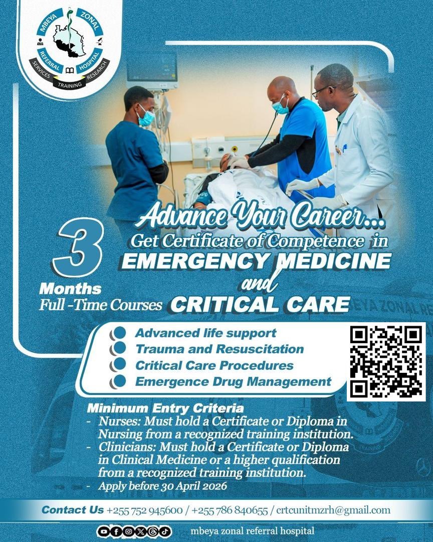 MZRH_tz's tweet photo. Mbeya Zonal Referral Hospital invites applications for a 3-Month Full-Time Certificate of Competence in Emergency Medicine and Critical Care.

The course covers advanced life support, trauma and resuscitation, critical care procedures, and emergency drug management. https://t.co/vB0DbwbhxJ