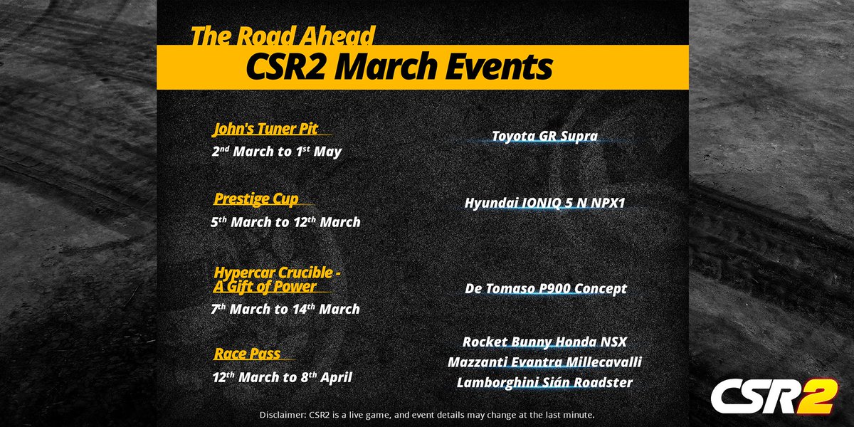 CSRRacing's tweet photo. March is here, Racers! ππ₯ A brand-new month means brand-new challenges β check out whatβs coming up and plan your races ahead! ποΈπ
Stay ready. Stay fast. Stay winning.
Play #CSR2 here: https://t.co/s9Ydj9Cxp0
#MarchEvents #DragRacing #CSR2Events https://t.co/l3nUCumtBk