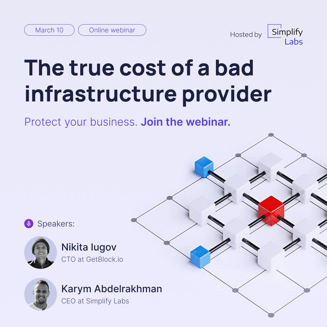 simplifylabs_io's tweet photo. 🚫 99.9% uptime is NOT enough for Web3.

Think about it: 43 minutes of downtime every month. If those minutes hit during a market crash or a massive airdrop, you’re not just losing time - you’re losing users and liquidity.

If you’re a CTO or DevOps Lead, this session is for you. We’re stripping back the marketing fluff to talk real infrastructure.

What’s on the table:
• The Build vs. Buy Debate: Self-hosted nodes vs. AWS vs. Managed RPC.
• Performance: How latency kills UX in high-frequency environments.
• Stress Testing: Staying upright during token listings & airdrops.
• ROI: The "hidden" labor costs of DIY DevOps.

The Experts:
👤 Nikita Iugov (CTO at @getblockio )
👤 Karym Abdelrakhman (CEO at Simplify Labs)

📅 March 10th | 3 PM CET
📍 Online

Secure infrastructure = secure growth.
👉 Register Here (https://t.co/kDctixBpCS)