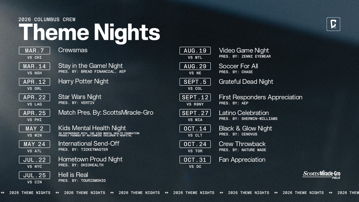 ColumbusCrew's tweet photo. This is just the trailer, the 2026 season is going to be a MOVIE 🎥🍿

Now introducing: the 2026 Theme Nights schedule ✨

🎟️: https://t.co/0L5LfzVyb5 https://t.co/E2H8Grbe3H