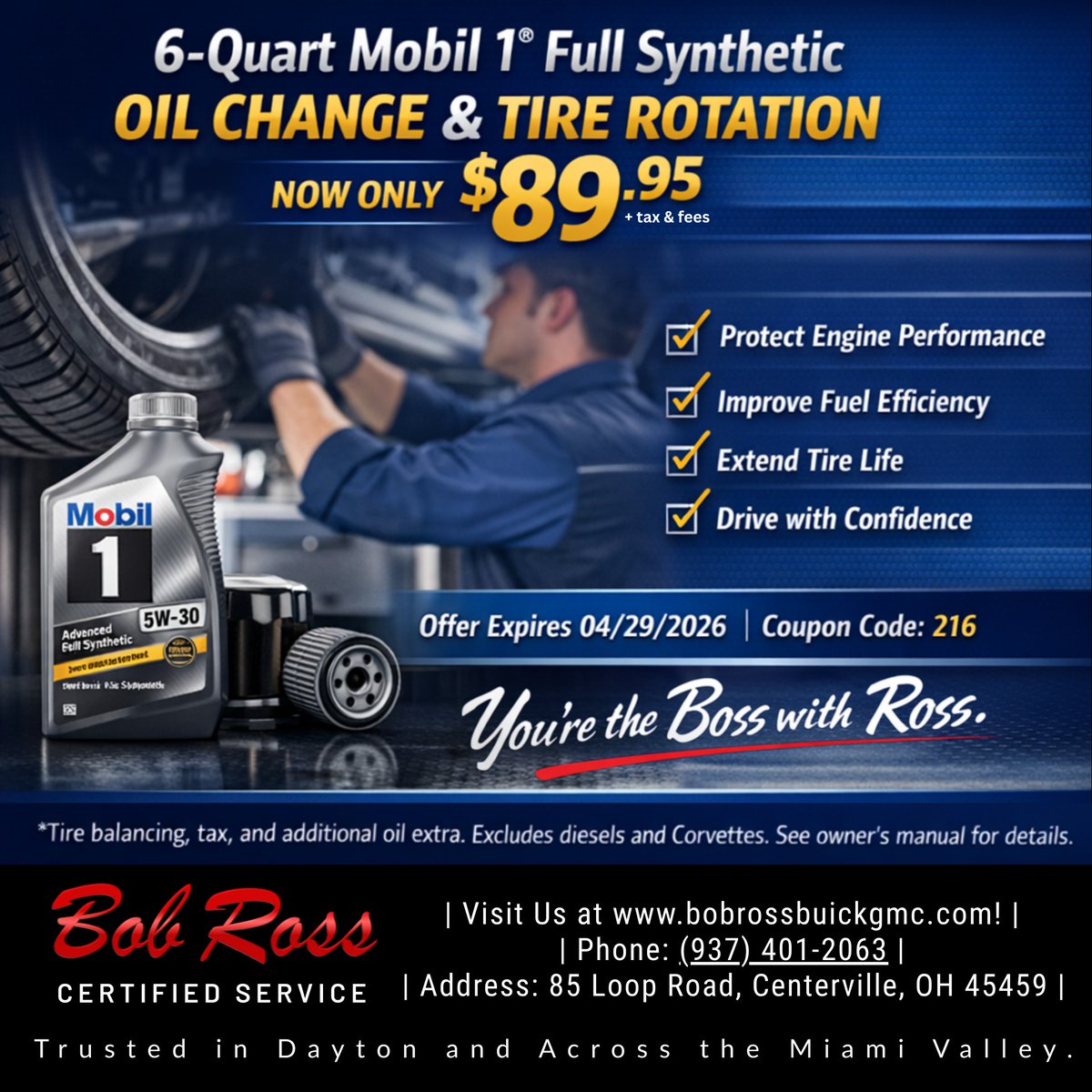 BobRossAuto's tweet image. Smart maintenance made easy! Get a 6-Quart Mobil 1® Oil Change + Tire Rotation for $89.95 + tax &amp;amp; fees. 
Book now! ➡️ ow.ly/LFGi50YnR3b  
#OilChange #CarMaintenance #TireRotation #Mobil1 #FullSynthetic #FuelEfficiency #CarService #EngineCare #AutoCare #CentervilleOH