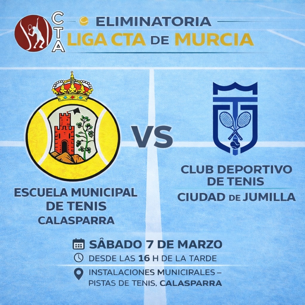 🎾🔥 ¡Último partido de Liga en casa! 🔥🎾

🆚 C.D. Tenis Ciudad de Jumilla
📅 Sábado 7 de marzo
⏰ 16:00 h
📍 Pistas Municipales de Tenis – Calasparra

Ven a animar al equipo y disfruta de una gran tarde de tenis 🙌🎾

#LigaCTA #TenisMurcia
#Calasparra 💚