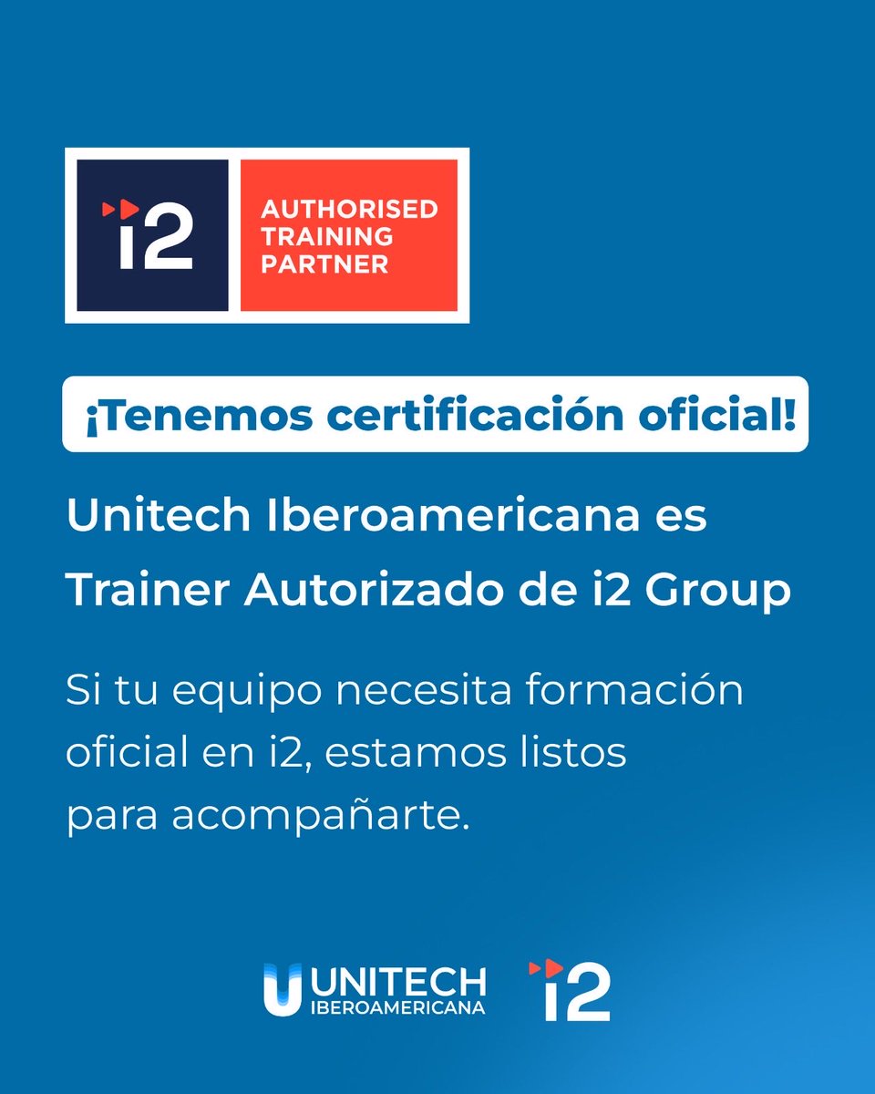 UnitechIbero's tweet photo. En Unitech Iberoamericana damos un nuevo paso junto a i2 Group 🚀

Obtuvimos la certificación Authorised i2 Group Training Partner, que nos habilita a brindar capacitaciones oficiales.

📩 comercial@unitechiberoamericana.com

#i2Group #CapacitaciónProfesional https://t.co/de1MCdL6SH