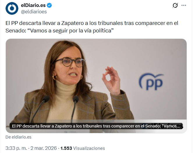Después del baño que les ha dado Zapatero a la bancada del PP han llegado a la conclusión que no lo llevarán a los tribunales y seguirán la vía política", es decir, seguirán difundiendo bulos sobre él de manera impune.