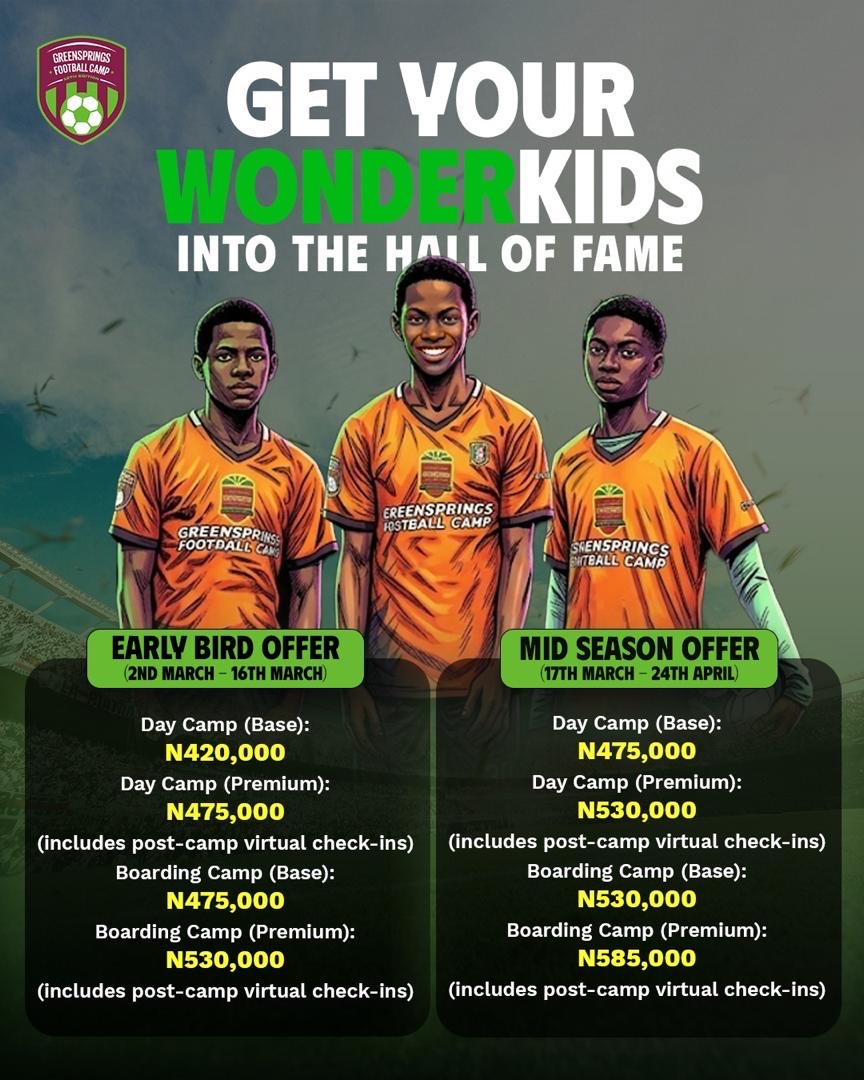 The road to the Hall of Fame starts now! 

Take advantage of our Early Bird Offer for the Greensprings Football Camp and save big. Whether it's Day Camp or the full Boarding experience, give your wonderkid the training they deserve.
Early Bird Dates: 2nd March – 16th March