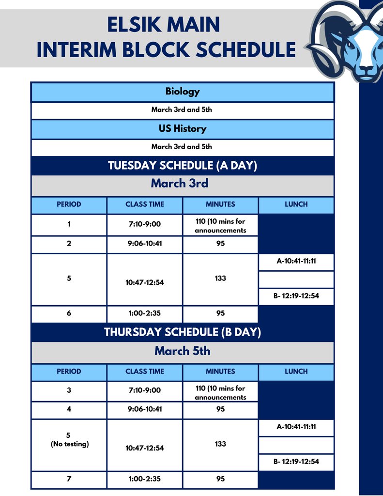 ElsikHighSchool's tweet image. Elsik Main &amp;amp; ENGC students will take their US History and Biology Interim Assessments on March 3rd &amp;amp; 5th. 📚📝 Both campuses will follow block scheduling on these days. Rams—show up, stay focused, and do your best! 💙🐏 #ElsikPride #AcademicSuccess
