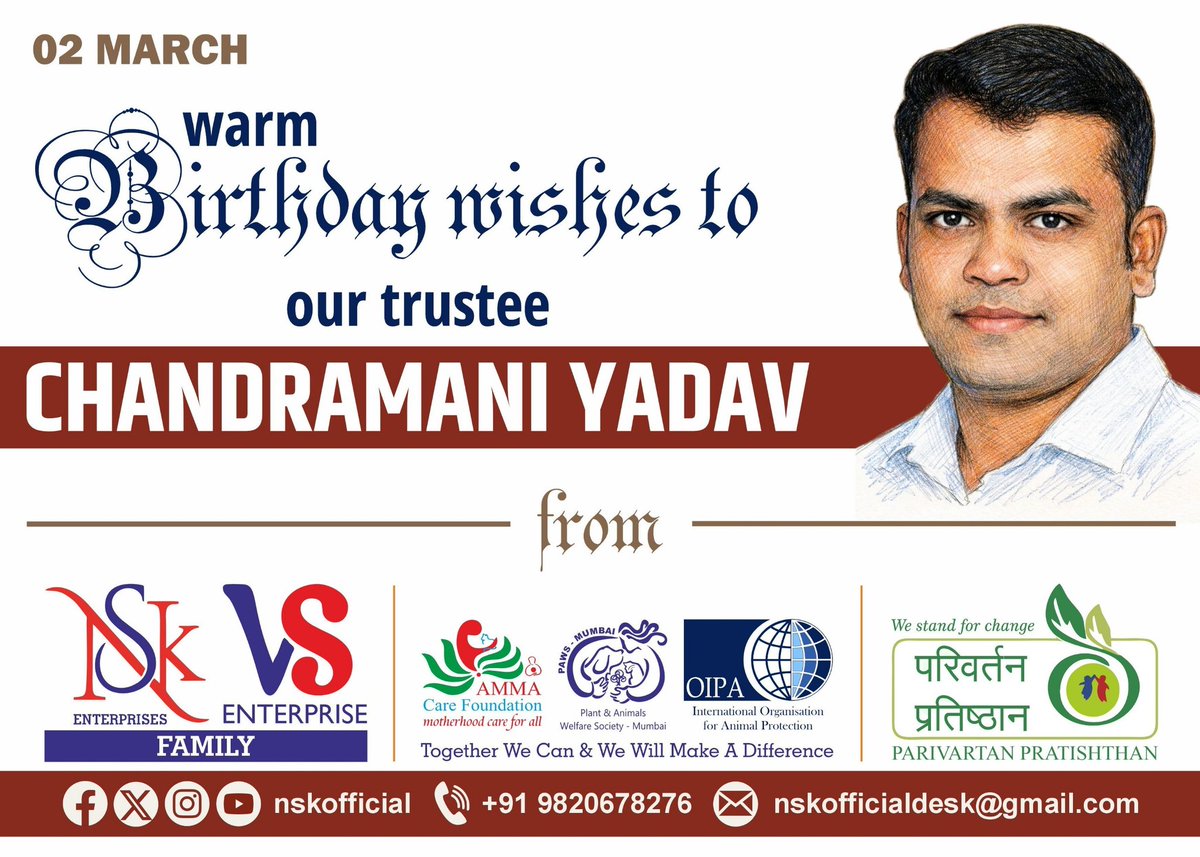 ACFIndiaOrg's tweet photo. 02 March 2026 Monday
--
warm Birthday wishes to our trustee Shri. Chandramani Yadav
--
युनेच्छुक
Team Sunish &amp; Nisha Subramanian Kunju 
Team OIPA,  ACF &amp; PAWS-Mumbai 
Team NSK Enterprises 
ACF PAWS-Mumbai Helpline  a
--
#NishaKunju #SunishKunju #OIPA #ACF #PAWSMumbai https://t.co/DakmXkaO5t