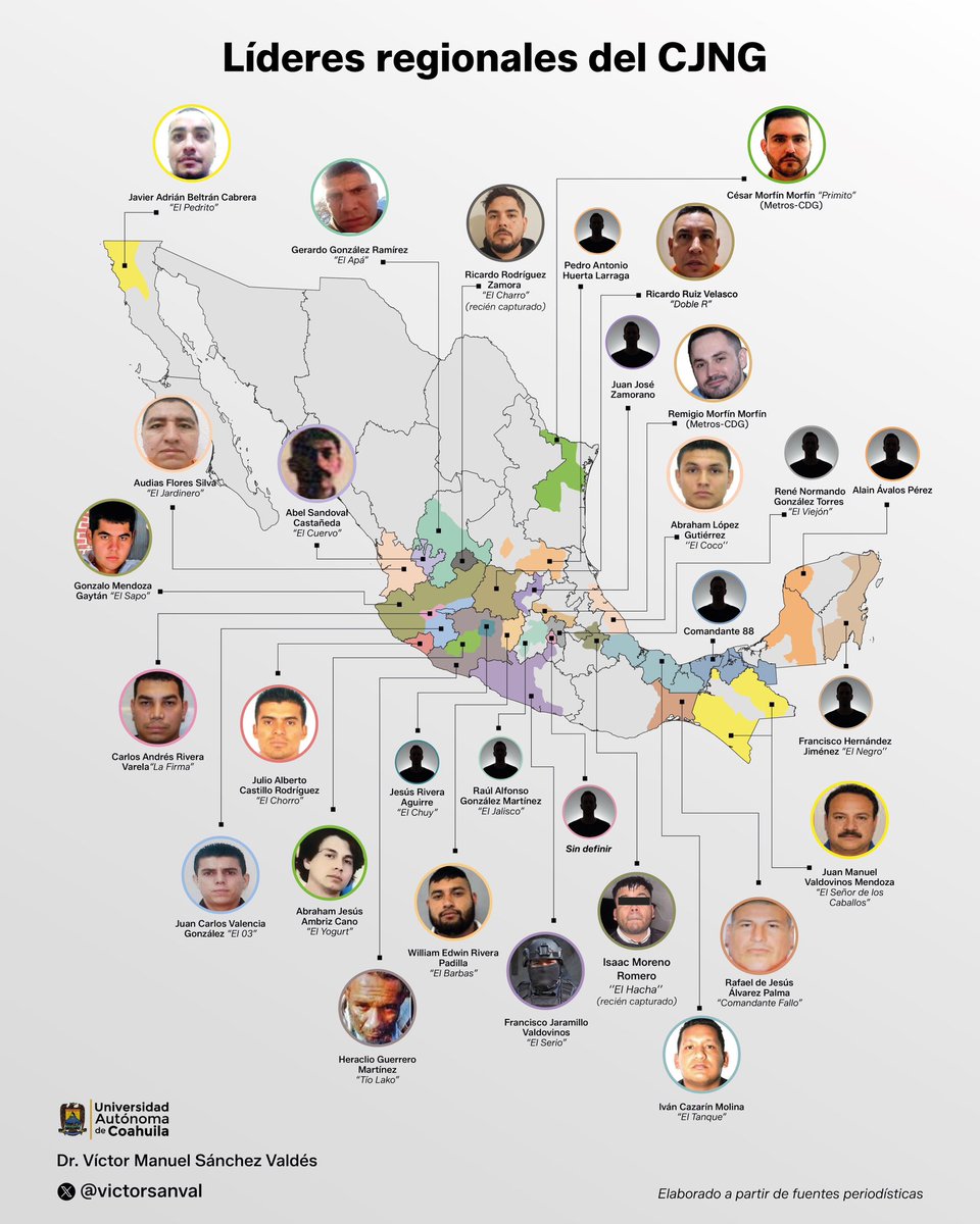En el proceso interno del CJNG por encontrar al sucesor de Nemesio Oseguera, los jefes regionales resultarán fundamentales, porque son ellos quienes tienen armas y efectivos. Encontré a 29 en fuentes periodísticas, pero debe haber más. Escribí sobre el tema en <a href="/Pajaropolitico/">Animal Político</a>