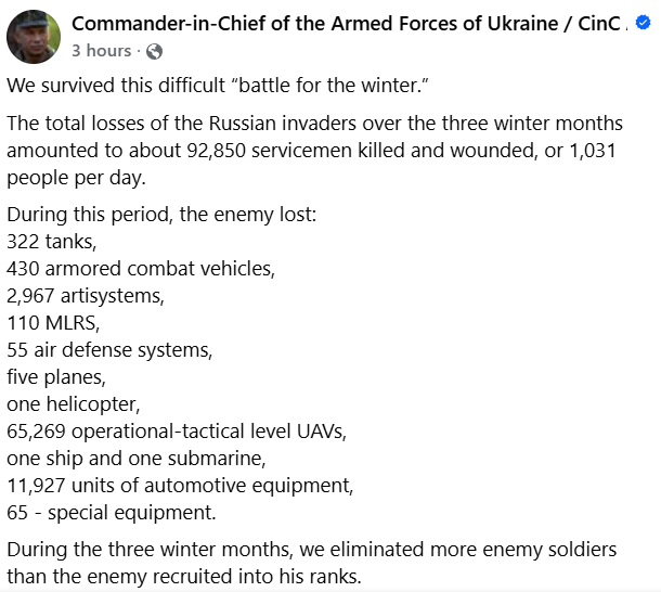 wartranslated's tweet photo. Commander-in-Chief Syrskyi reported that over the past three months, Russia has lost nearly 93,000 soldiers and a vast amount of equipment. Furthermore, the Armed Forces of Ukraine have regained control over more territory than the enemy managed to seize. https://t.co/fJcSEq9aB2