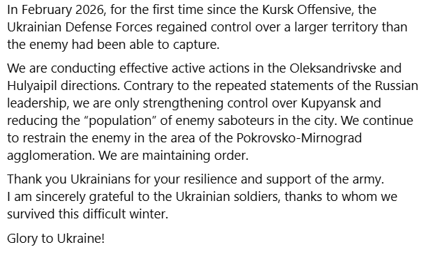 wartranslated's tweet photo. Commander-in-Chief Syrskyi reported that over the past three months, Russia has lost nearly 93,000 soldiers and a vast amount of equipment. Furthermore, the Armed Forces of Ukraine have regained control over more territory than the enemy managed to seize. https://t.co/fJcSEq9aB2