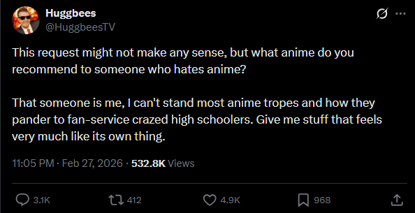 Scratch_Point_Z's tweet photo. There's no value in recommending anime to someone who "hates anime." Anime is a medium, there are a variety of genres within & while there are shared elements across genres, it's really not that hard to find something suited to your tastes if you're really open to it. 

This is the equivalent of asking someone to recommend a pizza to someone who hates pizza or video games to someone who hates video games. 

It's okay to not like anime, but that's where it should end. Move on & find something else to enjoy, because anime shouldn't have to change to appeal to people who will genuinely not enjoy longstanding elements of the medium.

The concepts of "mass appeal" & "X is for everyone" is how we end up here; people who would never be interested in something trying to get into something that has become mainstream & then inevitably wanting to water it down to match their sensibilities.

 Not everything is for everyone & it shouldn't have to be. Anime is a reflection of Japanese creativity, they don't need to consider how people half a world a way will feel about it. Engaging with Japanese media is a privilege, not a right. 

Take it as it is or leave it alone.