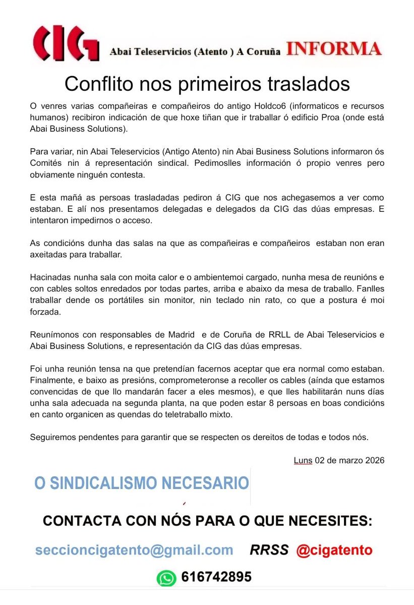 cigatento's tweet photo. Conflito no primeiro traslado de persoal de #Abai Teleservicios (Antigo Atento) e Abai Business na #Coruña  #CIGatento #CIGabai #cig https://t.co/pPuYIMaMCZ