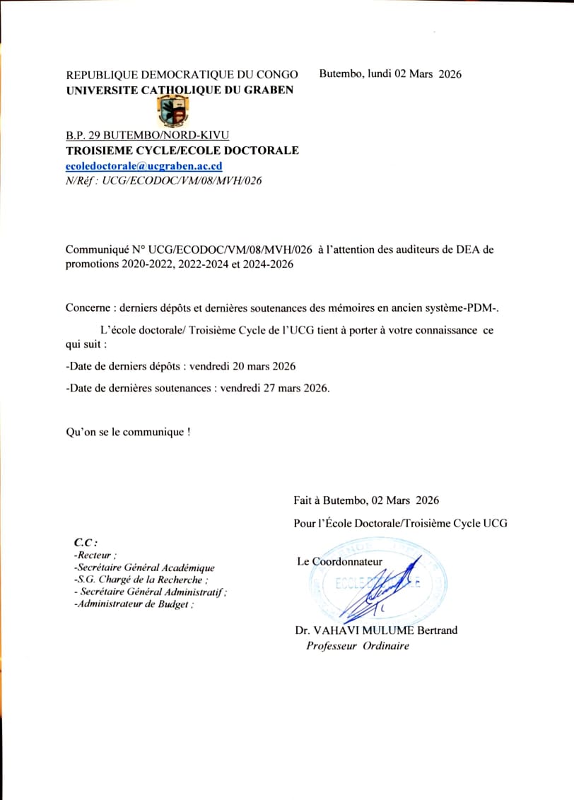 DuGraben's tweet photo. L’École Doctorale/Troisième Cycle de l’Université Catholique du Graben (UCG) informe les auditeurs de DEA des promotions 2020-2022, 2022-2024 et 2024-2026 des dernières échéances académiques relatives aux mémoires en ancien système PDM.

https://t.co/UZaay73i6g https://t.co/Au9iGYMjUd