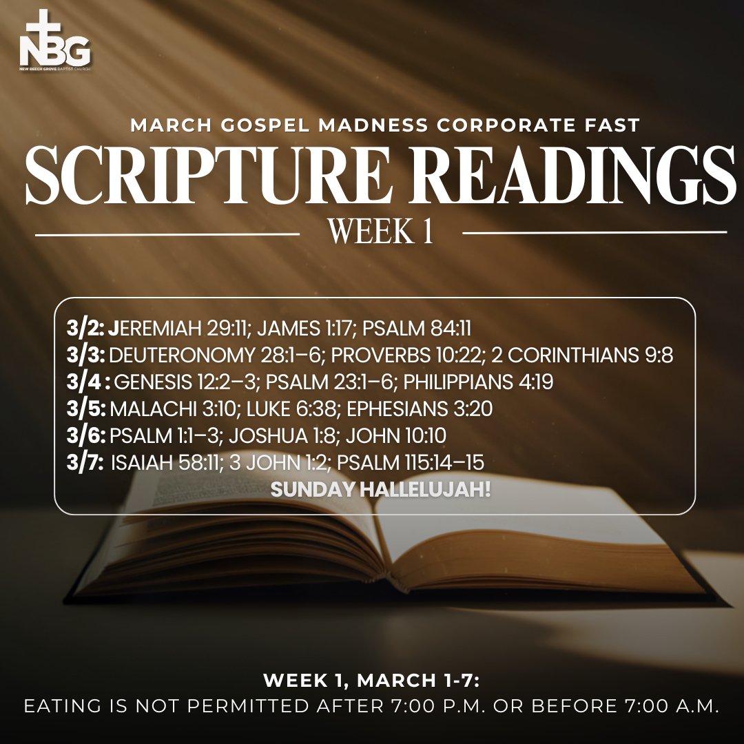 NewBeechGrove's tweet photo. Here are your daily readings for the week—let’s stay disciplined, focused, and unified as we prepare for what God is about to do.
Reminder for Week 1: No eating after 7 PM or before 7 AM. Let’s honor the commitment and position ourselves for elevation. https://t.co/g3WW2TOIib