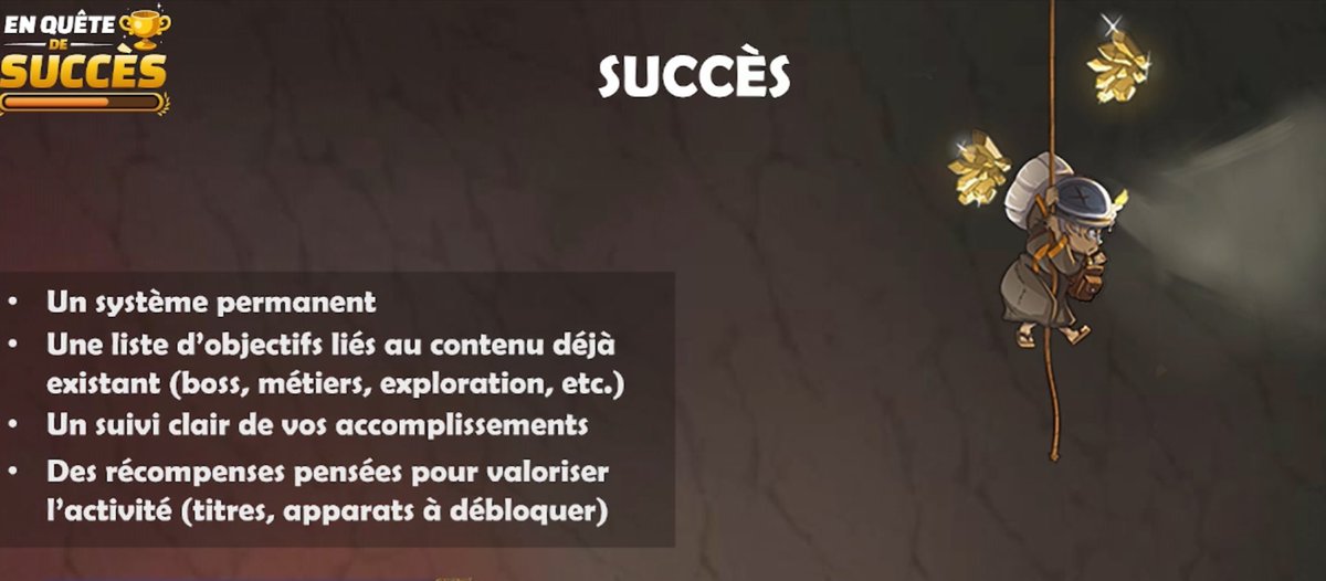Les succès en détails ! 
Pas de ressources ou d’objets qui impact l’économie. 

Du score, des récompenses d’apparats, des titres, un ladder. 

LES SUCCÈS arriveront d’abord sur les serveurs saisonnier, puis définitivement sur les serveurs officiels