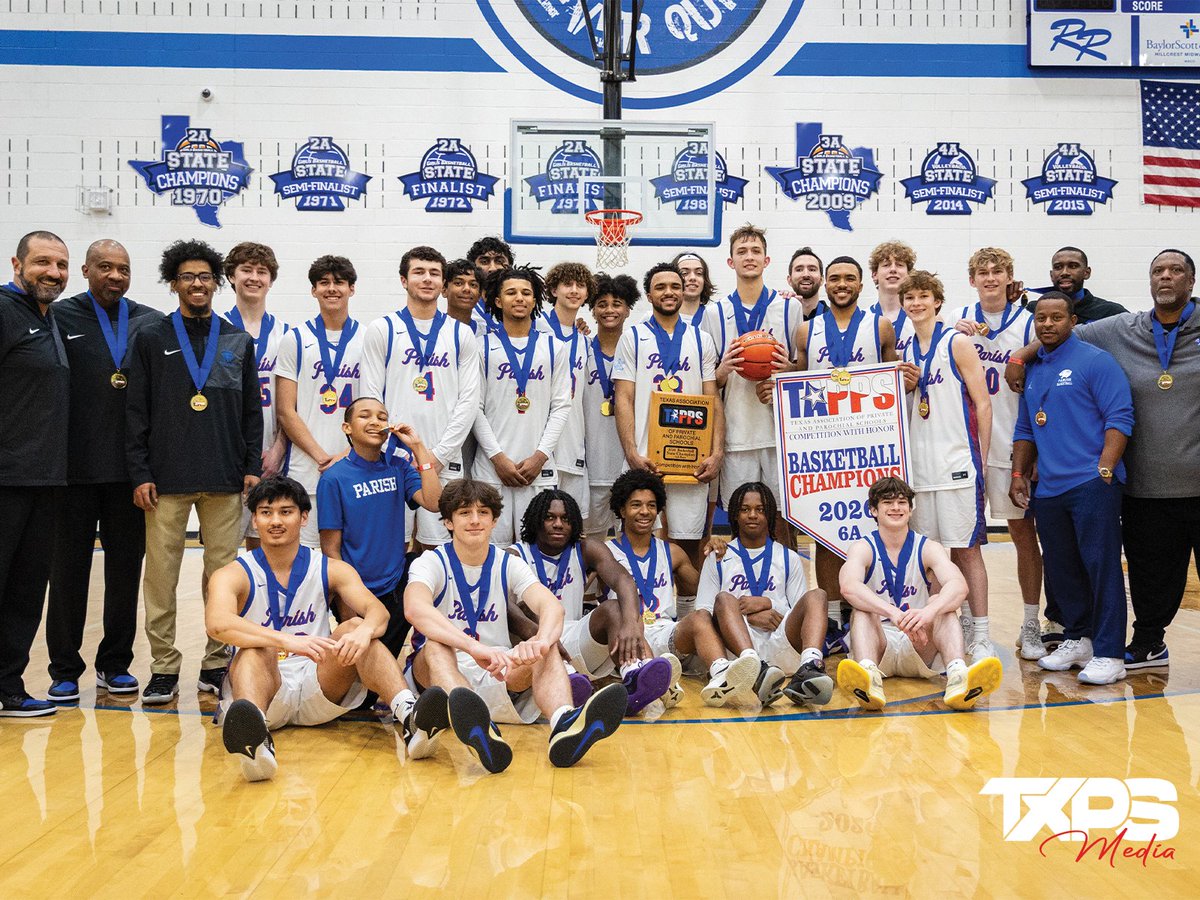 TXPSMedia's tweet photo. Another championship weekend has concluded down in Waco at the 2026 TAPPS Boys Basketball State Championships 🏆

6A: Parish Episcopal School Panthers
5A: Second Baptist School Eagles
4A: McKinney Christian Academy Mustangs

@TXPSbasketball | #txhsbb | https://t.co/F95AYt5LSq https://t.co/MiOxFwsjLf