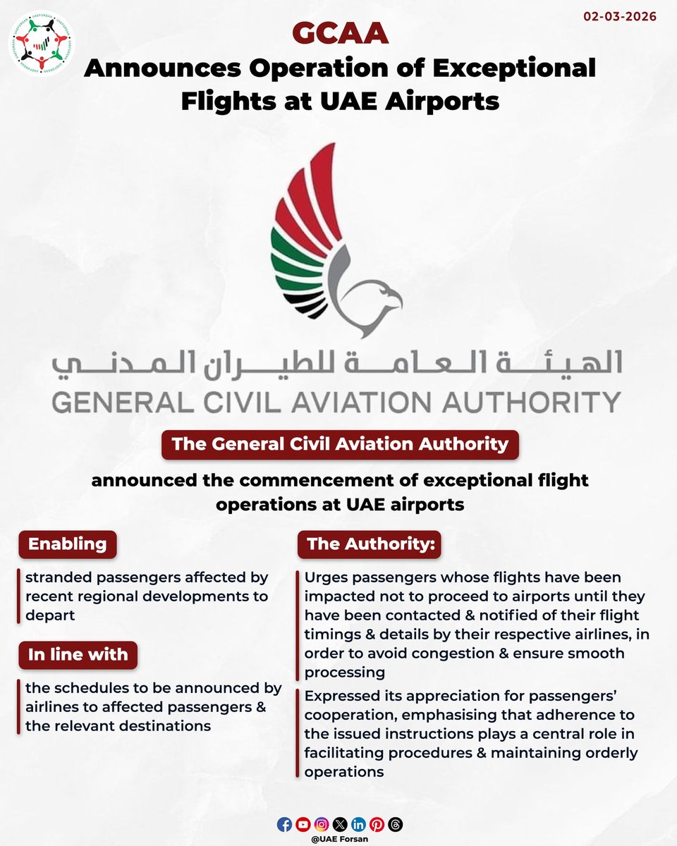 UAE_Forsan's tweet image. GCAA Announces Operation of Exceptional Flights at UAE Airports

#UAE #GCAA #UAEisSafe  #اللهم_احفظ_الإمارات
@gcaauae