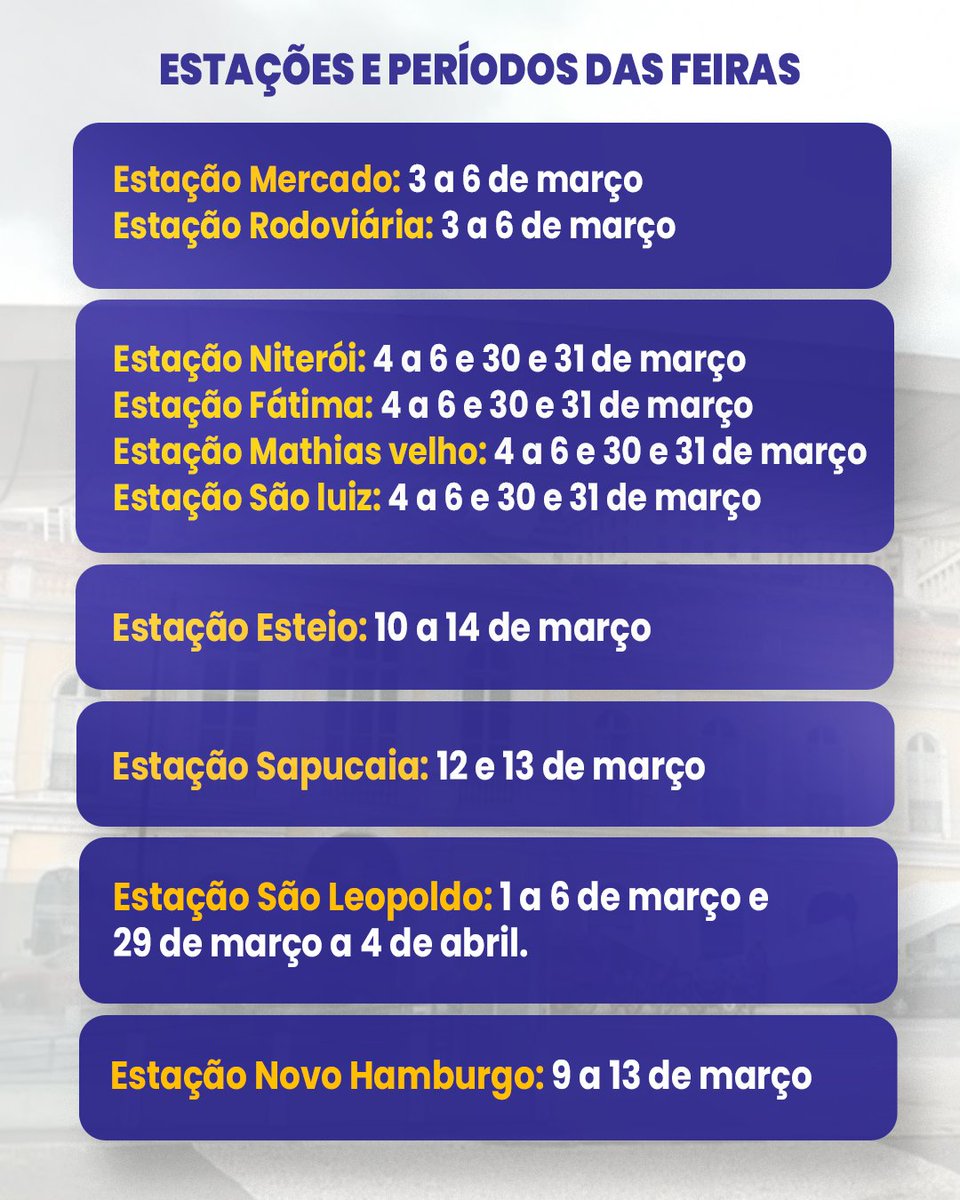 Tem feira de economia solidária nas estações! Atividades acontecem em parceria com as administrações municipais e incentivam a produção local.
👉Confira o cronograma!