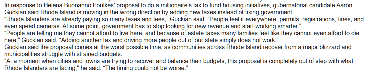 FitzProv's tweet photo. Republican gubernatorial candidate @GuckianRI criticizes proposal by @HelenaBFoulkes to enact millionaires tax as part of a plan to build 20,000 new homes and apartments. https://t.co/1PsmhqAlLw