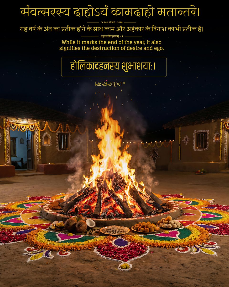 संवत्सरस्य दाहोऽयं कामदाहो मतान्तरे। 🔥
As the year ends, may desire and ego burn away too.
#HolikaDahan #SanskritQuote #Holi #Sanatan #ReSanskrit