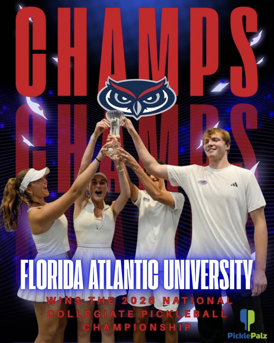 FAUpresident's tweet photo. Congrats to the FAU pickleball club team on winning the @ncpapickleball national championship!🏆More than 500 players &amp; 64 teams competed in the NCPA tournament—the highest level of college pickleball—over the weekend. Proud of the Owls for bringing the title home to paradise!👌 https://t.co/gS55sLLCP5